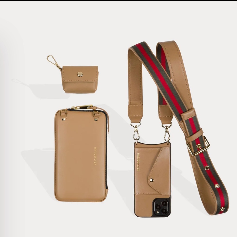 Bandolier- crossbody, iPhone 13 Pro, AirPod pro 2 pouch, leather zip pouch
